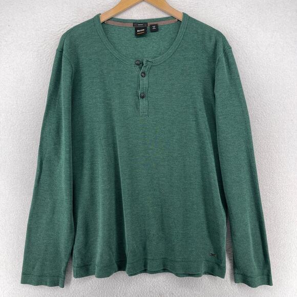 HUGO BOSS Shirt Mens XL Trix Slim Henley Waffle Thermal Long Sleeve Cotton Green - Picture 1 of 15
